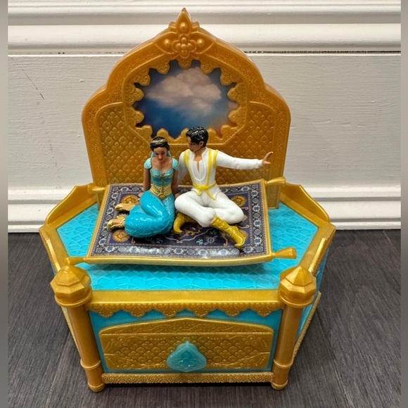Disney Other - Disney Aladdin and Jasmine Musical Jewelry Box - Gold and Blue Kids Girls
